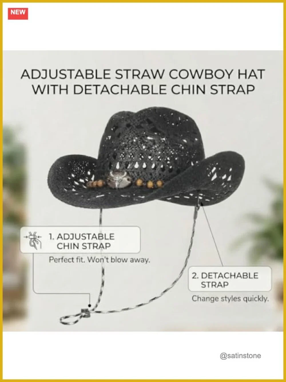 Straw Cowgirl Hat Woven Hollow Out Wide Brim Sun Hat with Chin Strap